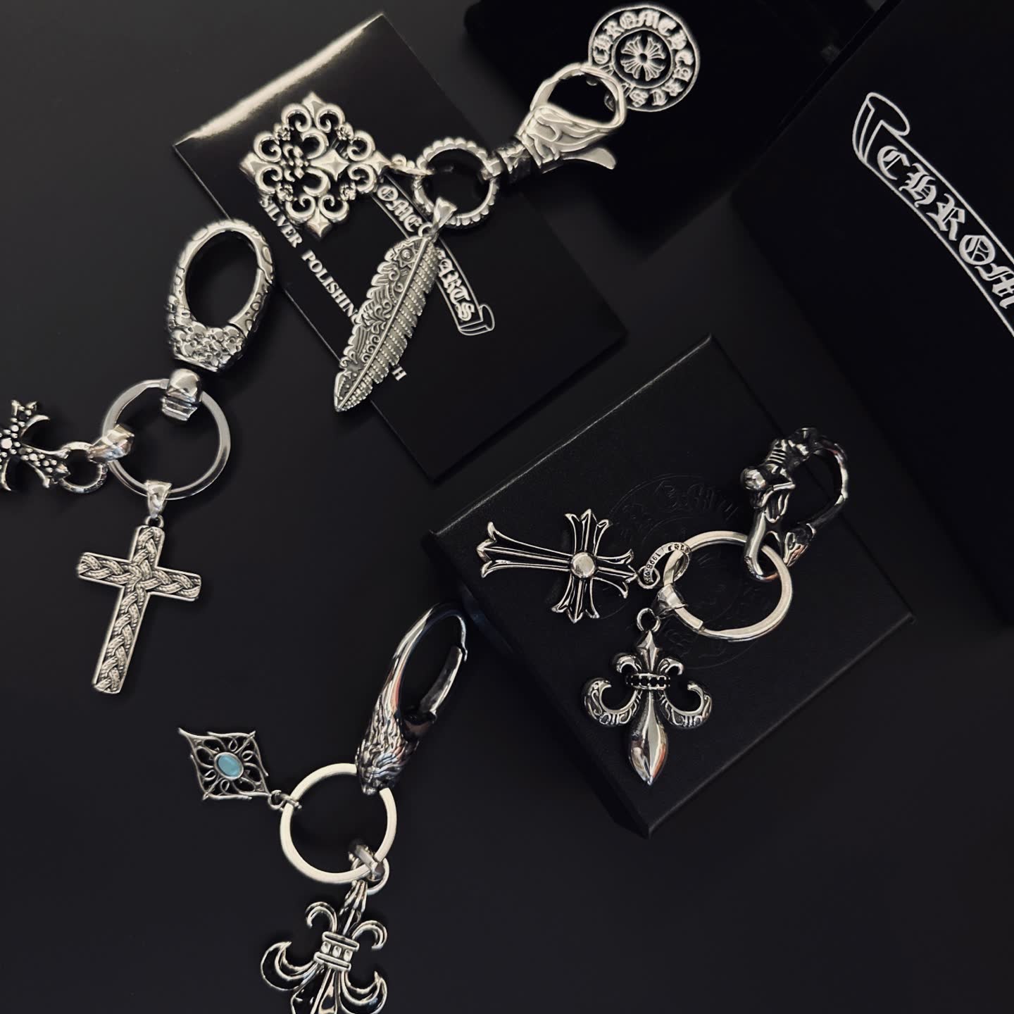Chrome Hearts Silver Keychain with Cross and Fleur-de-lis Charms